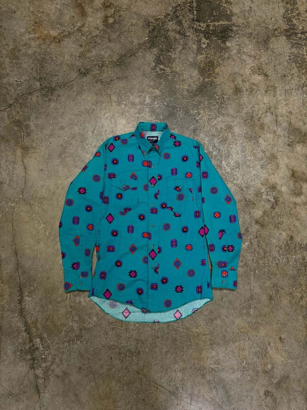 Vintage Wrangler Western Shirt Made in USA Brushpopper Aztec Teal Cowboy Cut